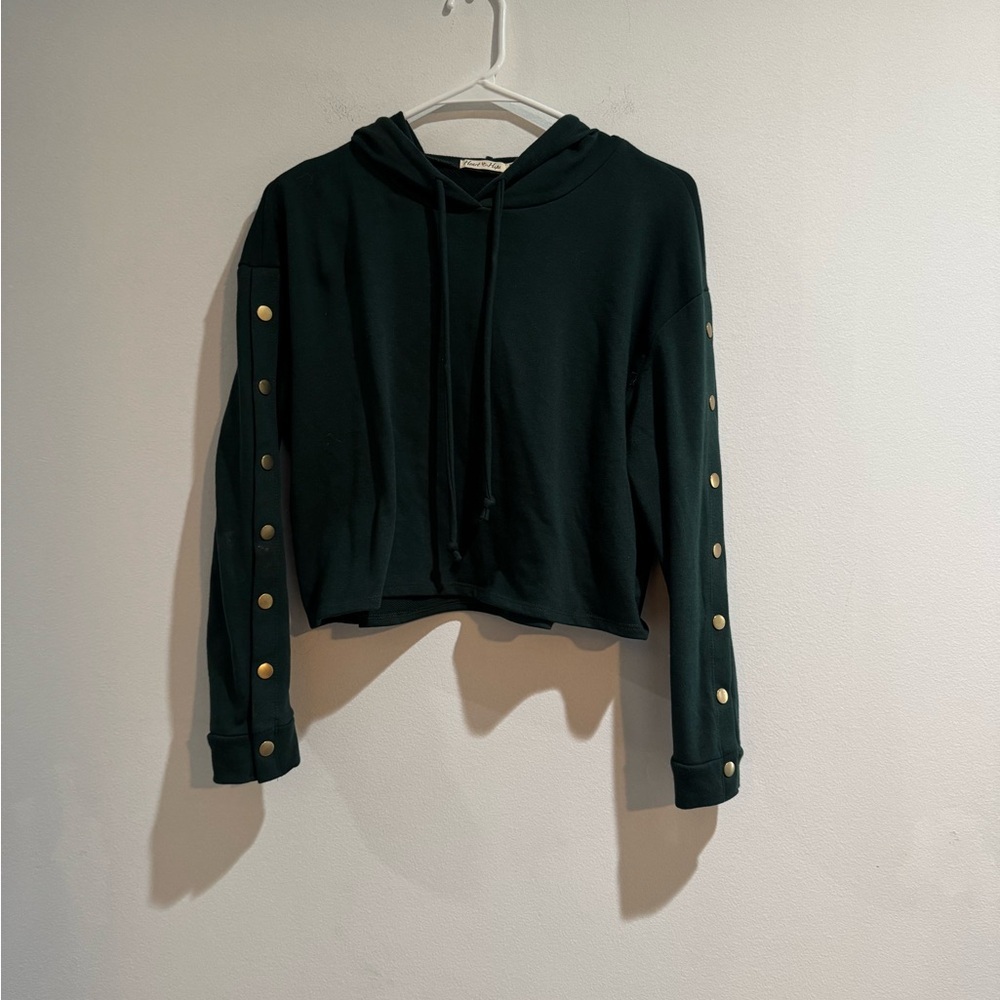 Fashion Nova Green Cropped Hoodie Gold Snap Sleeves Medium